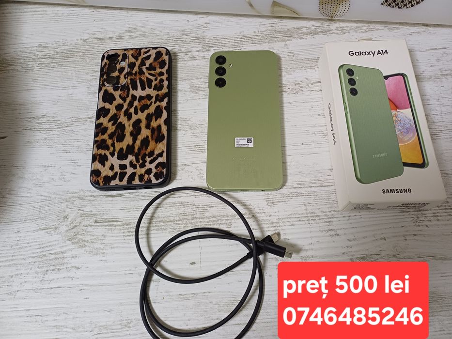 Telefon Samsung galaxy A14 cu cutie husă și cablu de încărcat