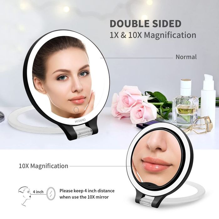 Oglinda cosmetica cu doua fete, 1x / 10x și 3 moduri iluminare