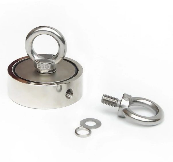 Magnet neodim oală D 75 mm cu două cârlige inelare și două fețe 200kg