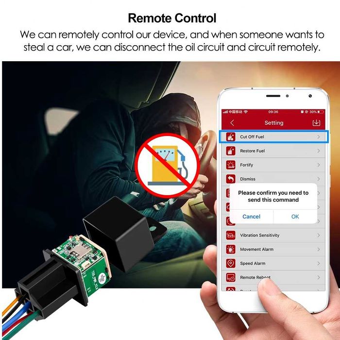 GPS тракер скрит в реле, спиране на двигателя, скорост геозони история