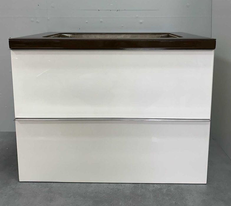 Бял лак шкаф за баня с 2 чекмеджета и плот