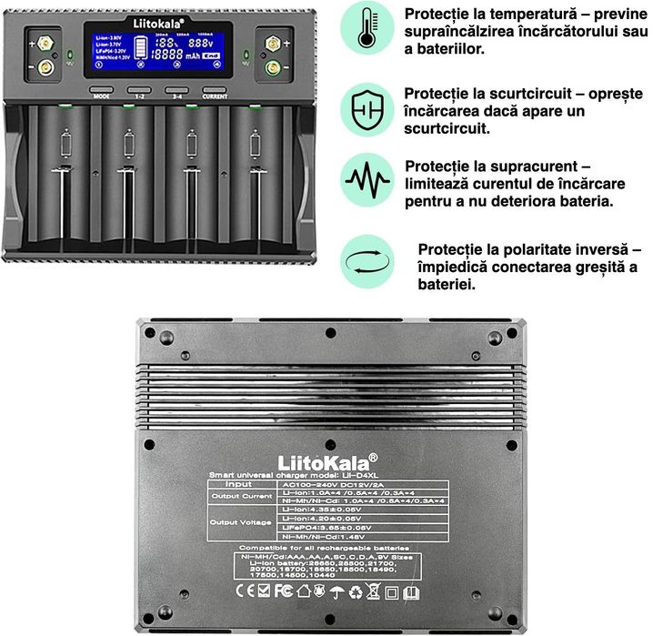 Incarcator LiitoKala Lii D4XL  4 sloturi LCD Li-Ion  NiMH  LiFePO4