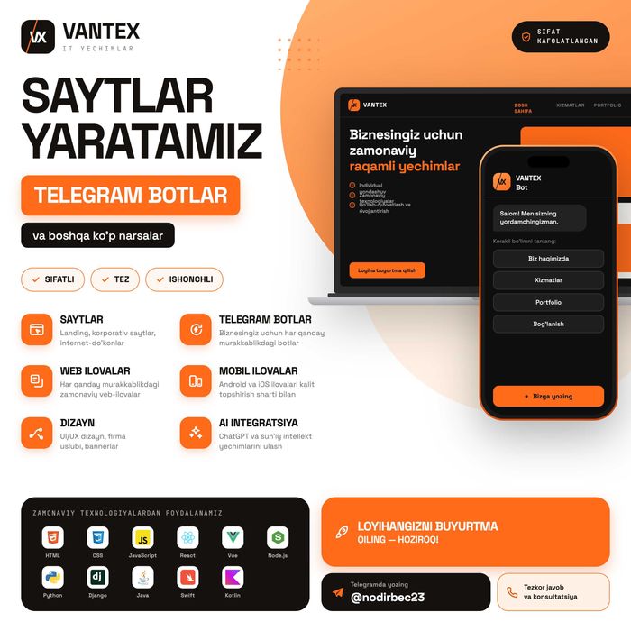 Veb sayt, Telegram bot, Mobil ilova, Веб сайт, Телеграм бот приложение