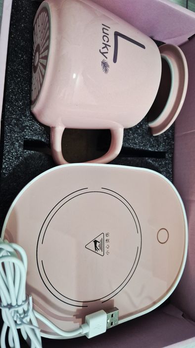 Set cana ceramica cu incalzire scris auriu Lucky 350 ml roz