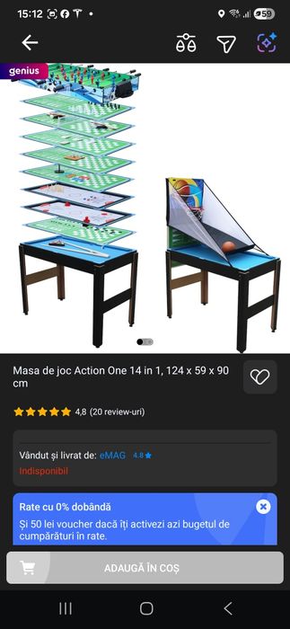 Masa de joc Action One 14 in 1, 124 x 59 x 90