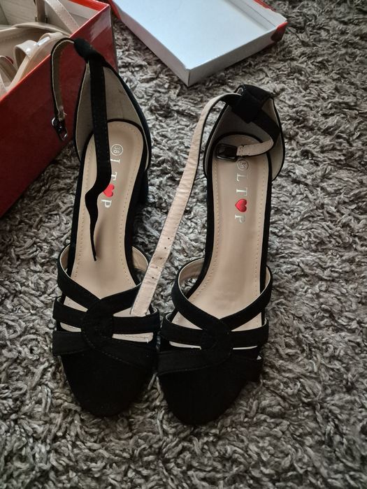 Sandale negre/crem toc gros