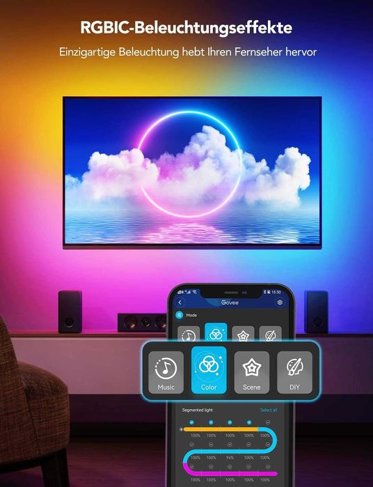 Banda LED inteligenta RGBIC Govee Neon H61B2 3m, WiFi, Bluetooth, sincronizare muzicala, 64 de moduri, compatibil cu Alexa/Google Assistant