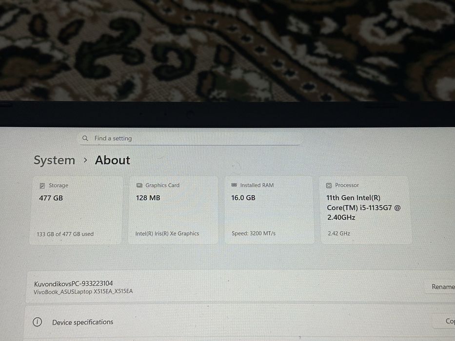 ASUS X515EA  512GB Core i5-11 avlod Deyarli Yangi