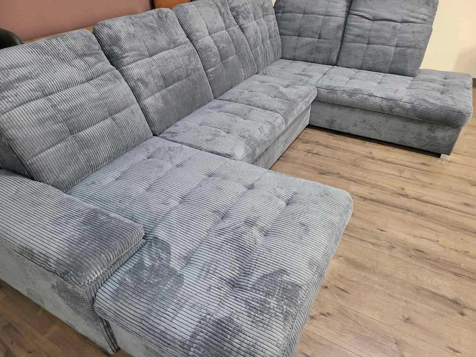 Сив П - образен ъглов диван от плат рипсено кадифе Nixon с функция сън