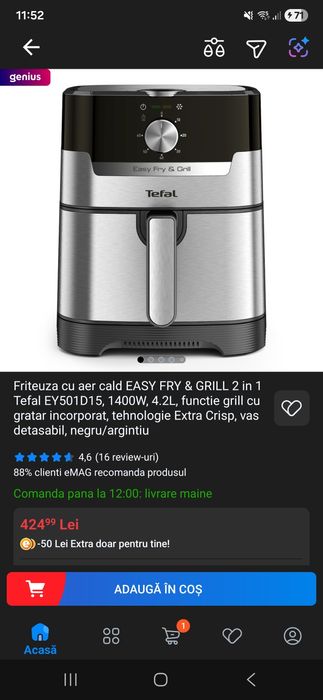 Friteuza cu aer cald EASY FRY & GRILL 2 in 1 Tefal EY501D15, 1400W, 4.