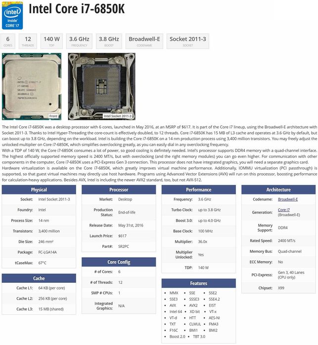Процесор CPU Intel i7 6850K шест ядрен 4.00GHz 2011-3 X99 DDR4