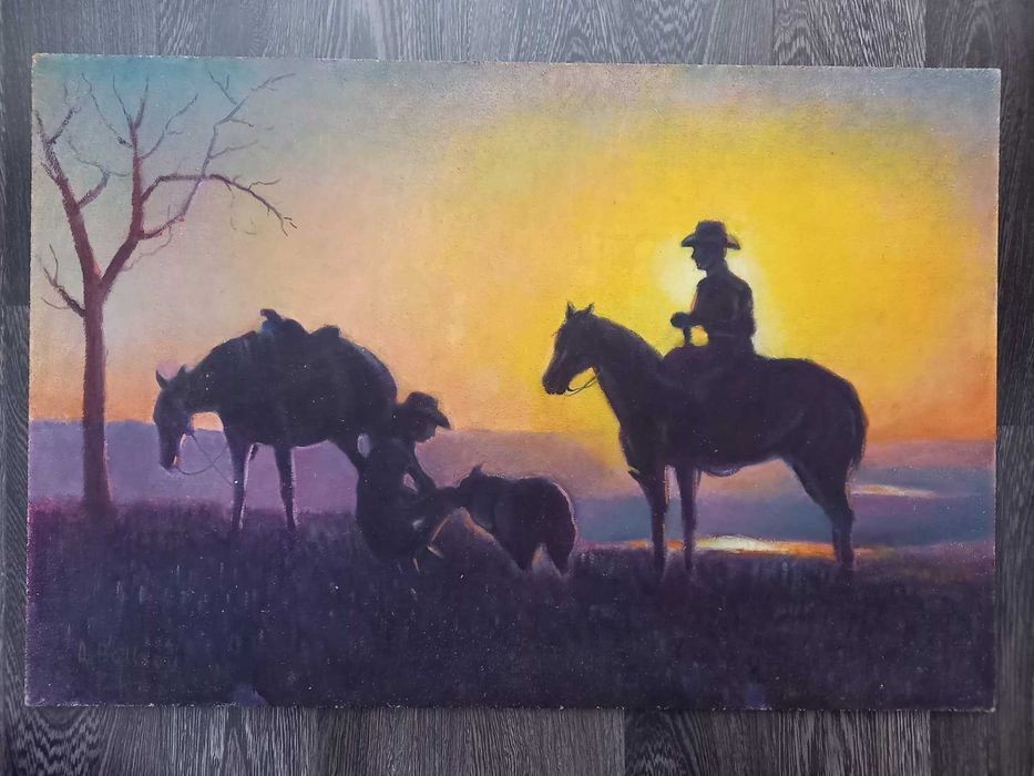 A. Bellomi – „Cowboys cu cai la apus” – ulei pe placaj, 60 × 40 cm