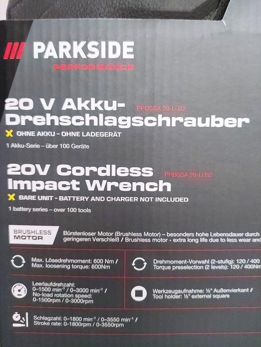 Pistol cu impact patrat 1/2 Parkside Performance pe baterie de 20 V 600 Nm
