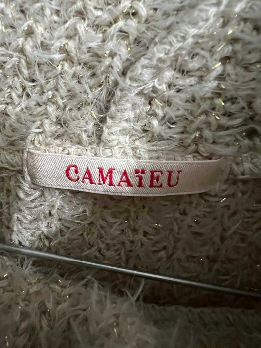 pulover bluza groasa cu guler dama Camaieu bej cu fir auriu marime M