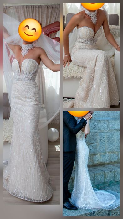 Rochie mireasa  sirena XS / S cu fusta detasabila tip printesa, choker,maneci detasabile, voal