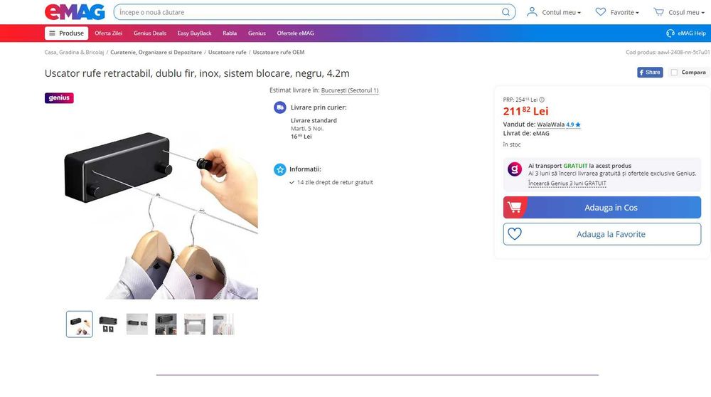 Uscator rufe retractabil, dublu fir, inox, 4.2m, REDUS de la 210RON