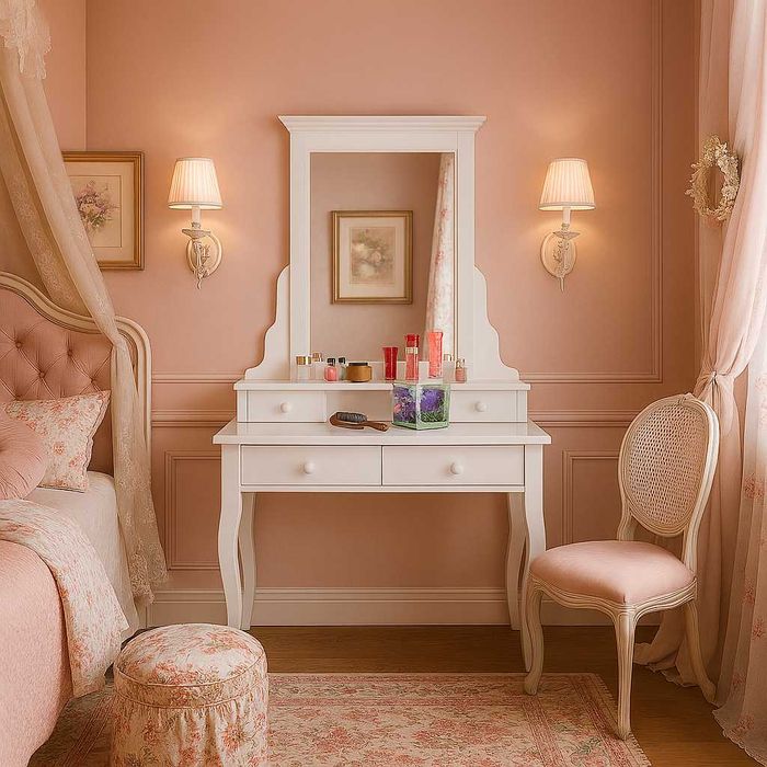 Masuta machiaj cu oglinda, lemn masiv, alb