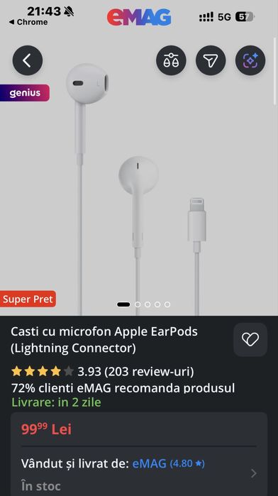 Sigilat - casti cu microfon Apple EarPods (Lightning)