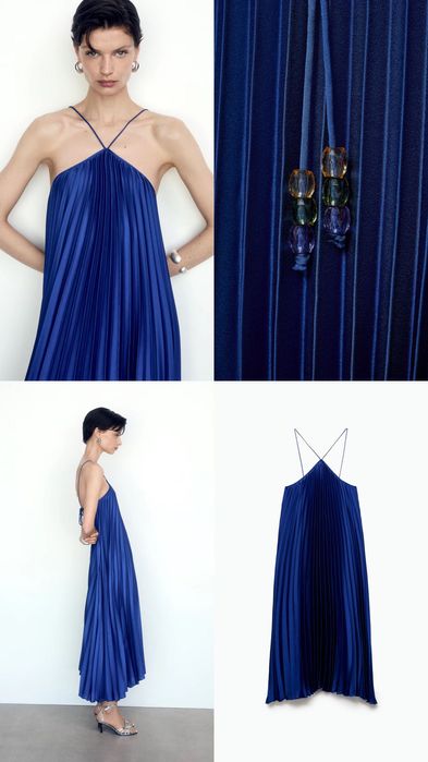 Нови дълга рокля с пайети и гол гръб, плисирана синя рокля Mango