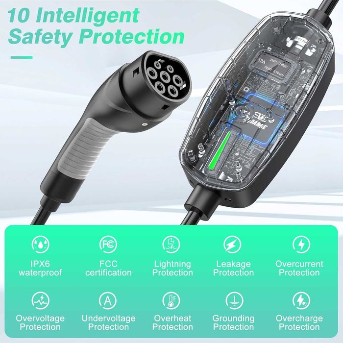 EVDANCE EV зарядно тип 2, 8 метра, 6/8/10/13A, регулируем ток, IP66