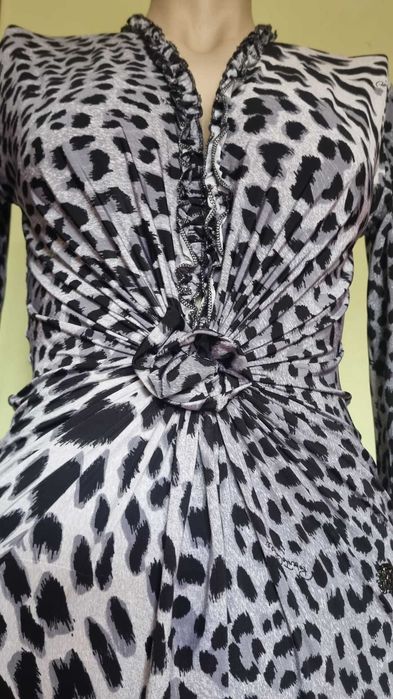 Rochie midi Roberto Cavalli, jersee de matase naturala 95%, animal print/leopard, marimea L