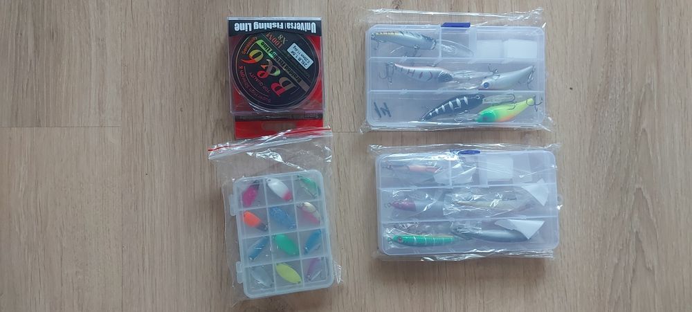 Подаръчен к-т воблери блесни клатушки за спининг риболов и плетено вл.