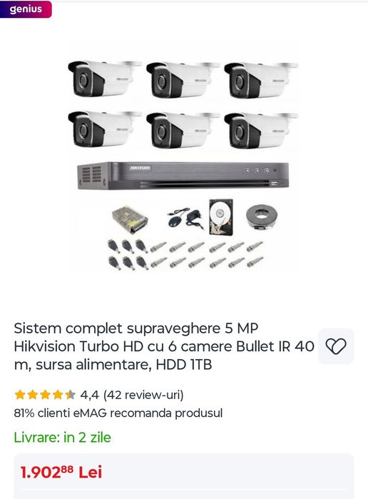 Sistem complet supraveghere 5 MP Hikvision Turbo HD cu 6 camere Bullet IR 40 m, sursa alimentare, HDD 1TB
