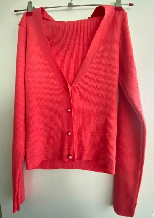 Cardigan/ploveras roz coral, cu nasturi, nou, S/36, usor sidefat