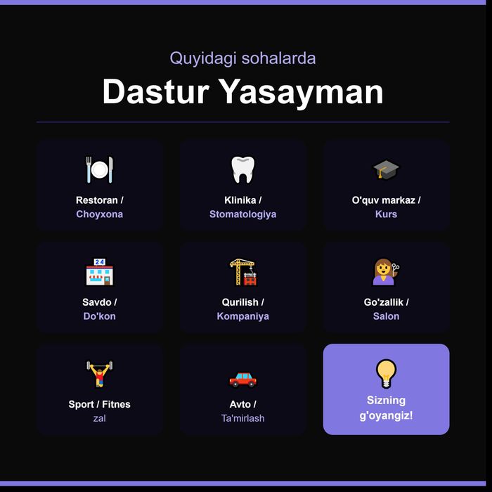Telegram bot | Web sayt | Mobil ilova | AI  yechimlar yaratish