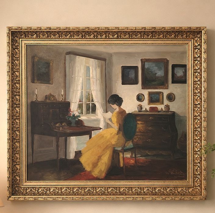 Ulei pe pânză "Femeie la fereastră" realizată de artista daneză Edith Gert (1906–1983)