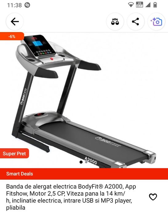 Banda de alergat electrica BodyFit® A2000, App Fitshow, Motor 2,5 CP,