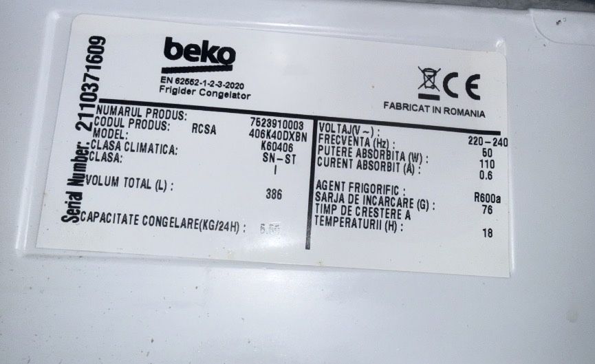 Combina frigorifica Beko RCSA406K40DXBN, 386 l, Dozator apa, Usi reversibile, Iluminare LED, Termostat reglabil, Clasa E, H 202.5 cm, Argintiu