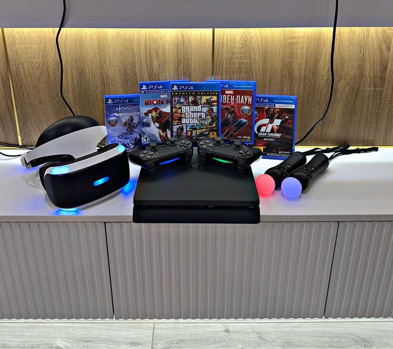 Плейстеишен 4 слим +vr,очки с 5 дисками