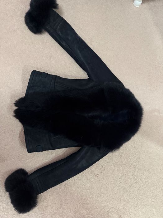 Зимно кожено яке с лисица чисто ново- мастилено син цвят S/XS