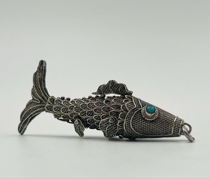 Сребърна старинна риба филигран  Китай с Тюркоаз