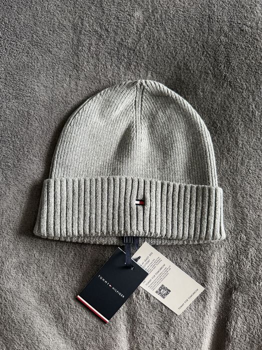 Tommy Hilfiger Flag beanie caciula unisex gri cu logo mic brodat bumbac pima OS noua originala 100%