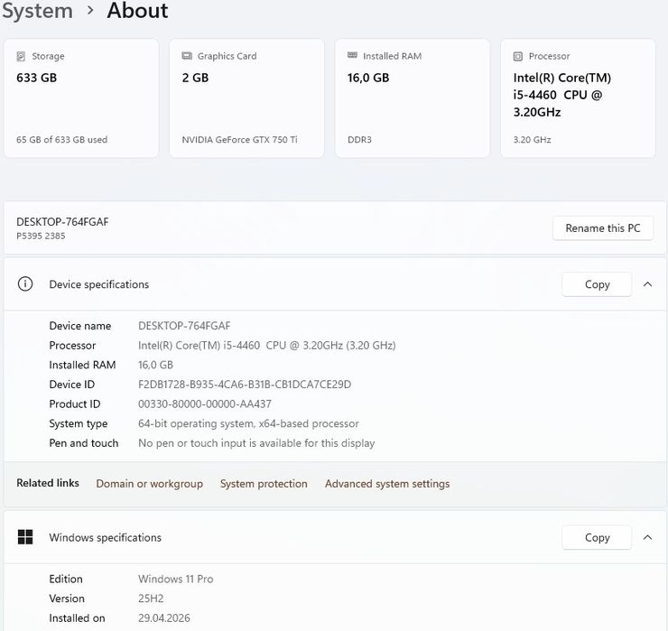 Unitate PC i5 4460 3,2Ghz, 16GB, 180GB SSD + 500GB, GTX 750 TI 2GB, Wi-Fi Windows 11 Office 2024