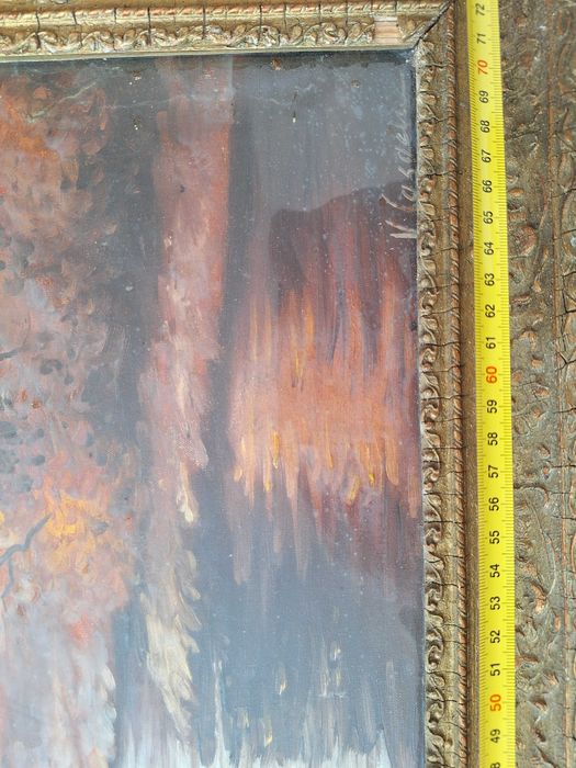 Tablou Vechi de Colectie impresionant „Pescar montan toamna ” – pictor V. Casacu (66.5 x 48 cm), ulei pe panza, rama stuc baroc aurita.