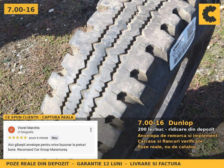 Anvelope Cauciucuri 7.00-16 7.00 16 7.00R16 7.00x16 70016 Dunlop Remorca Implement Flotatie SH Second Hand IEFTIN Garantie 1 An Factura Livrare Rapida