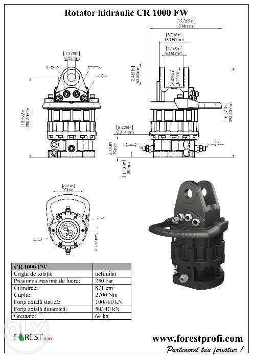 Rotator hidraulic 10 tone (CR-1000FW) cu flansa pentru graifer