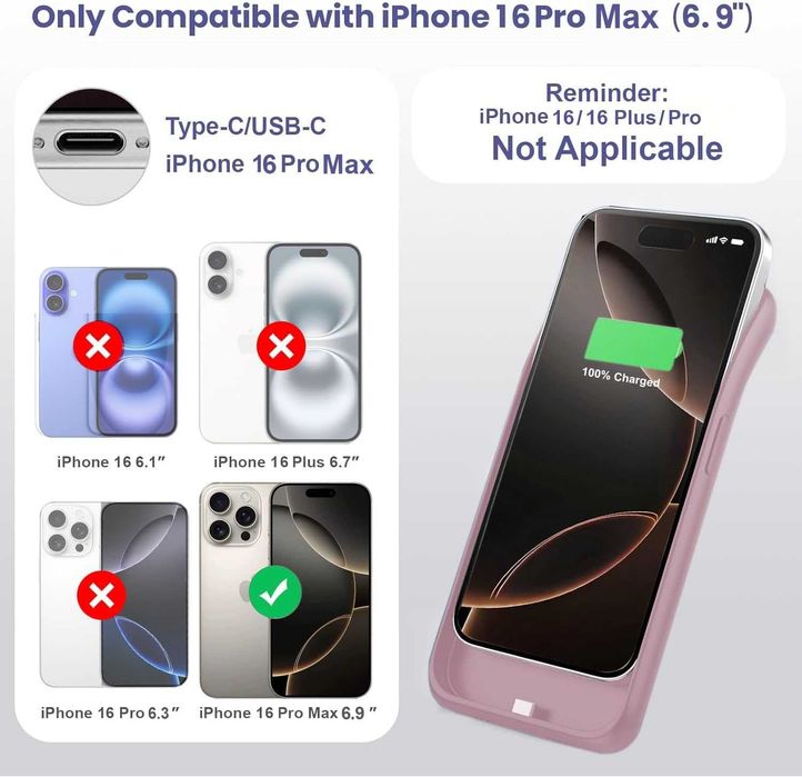 Кейс с батерия Feob за iPhone 16 Pro Max (6.9 инча), 8600 mAh