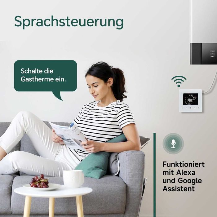 Termostat WiFi Beok centrală termică gaz,inteligent cameră Tuya încălzire,afișaj LCD digital,compatibil Alexa Google Assistant,BOT-R9V-WIFI,alb