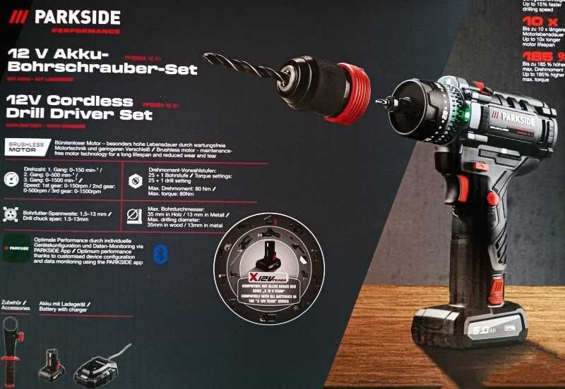 Нова 80Nm Parkside Performance Немска Бормашина с Дисплей и Подсветка