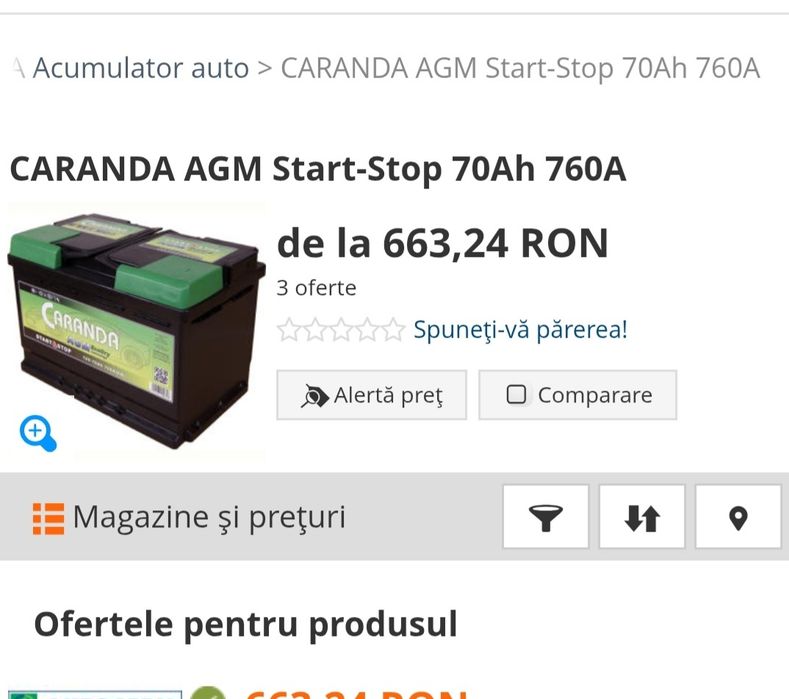 Baterie auto exide start stop efb 55A , Caranda agm 70 ah