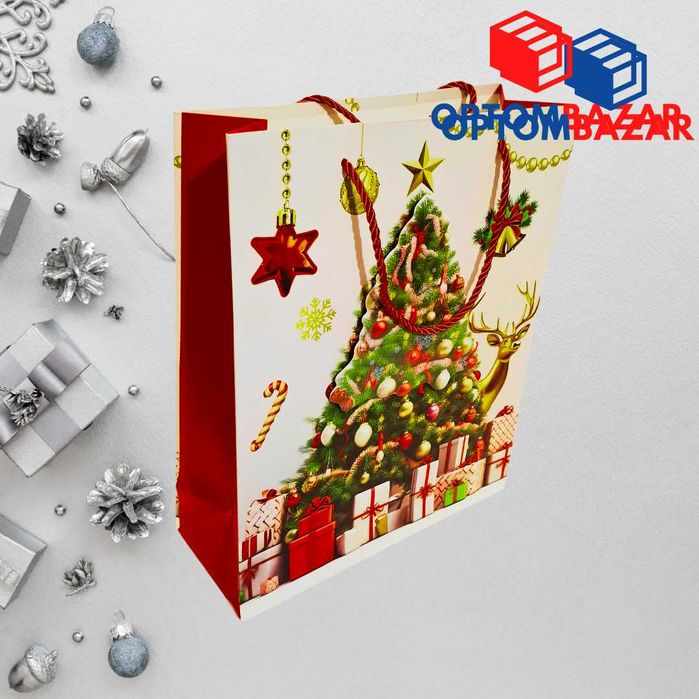 Yangi yil sovg'alari uchun archa rasmli 26x10x32 sm qog'oz paket