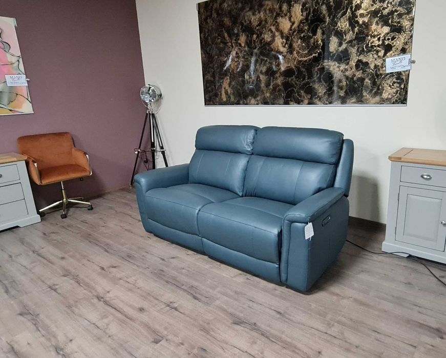 Тюркоазено син кожен диван тройка с ел. релакс механизъм La-z-boy