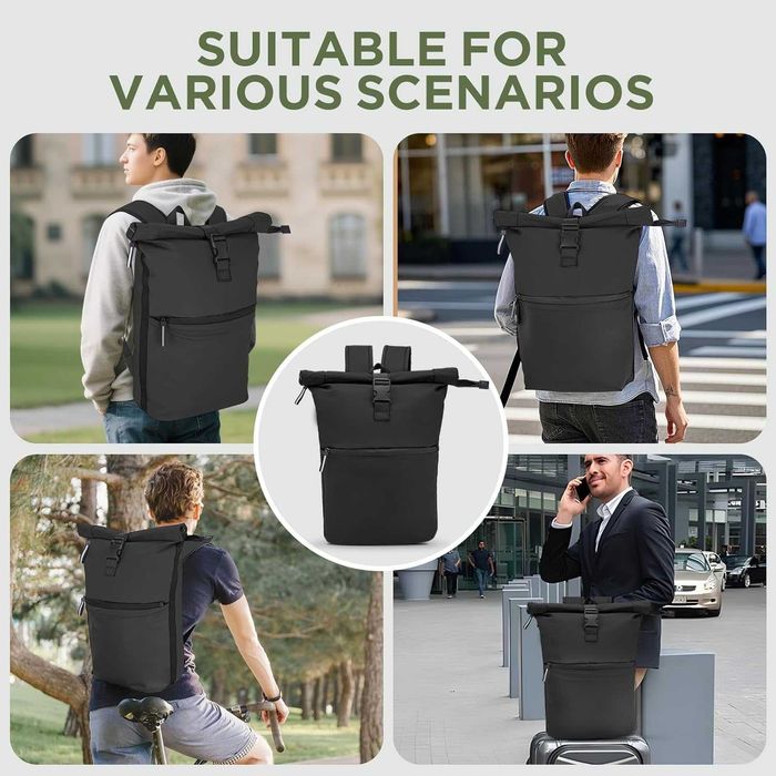 Rucsac roll top waterproof 18-27L laptop 17.3 inch din piele PU negru pentru travel scoala business