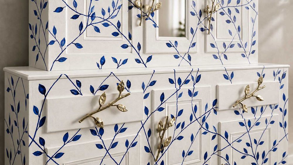 Bufet pictat manual – piesă de artă unicat „323 Blue Leaves”
