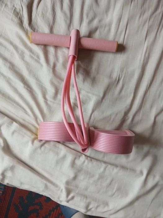 Coarda elastica rezistenta cu 4 tuburi elastice, cu suport pentru picioare,roz,noua