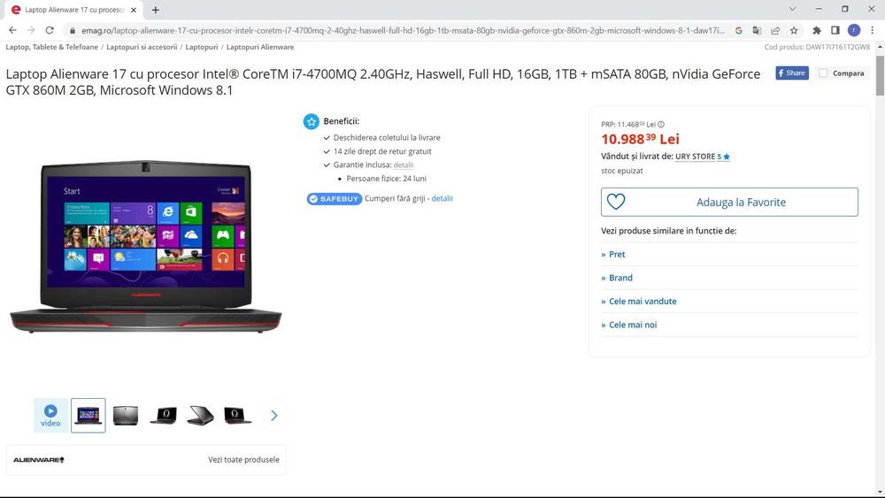 laptop gaming ALIENWARE ,intel core i7 ,display 17,3 inch, ram 16 gb